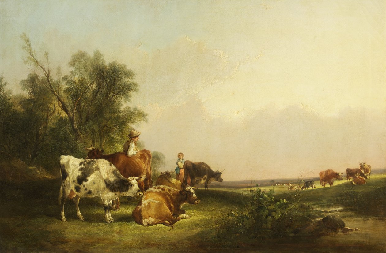 Pastoral scen, boskap och figurer av William Snr. Shayer