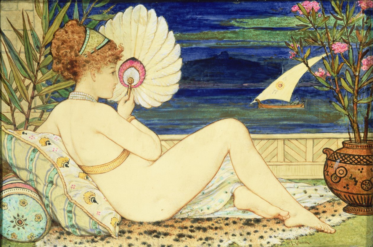 Kvinna med en fläkt, Minton Art Pottery, ca 1872 (målat kakel) av William Stephen Coleman