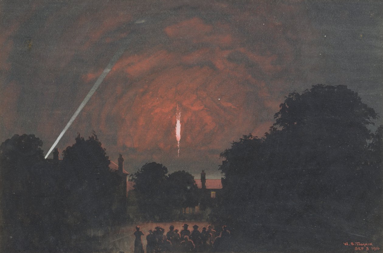 Zeppelin som föll vid Cuffley, 1916 (wc och bodycolour på papper) av William Stephen Tomkin