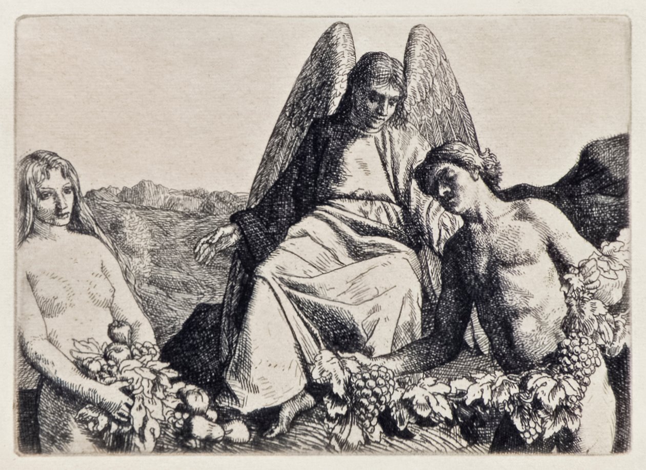 Adam och Eva underhåller Raphael från Paradise Lost av John Milton (1608-1674), en serie med 12 illustrationer etsade av William Strang (1859-1921) av William Strang