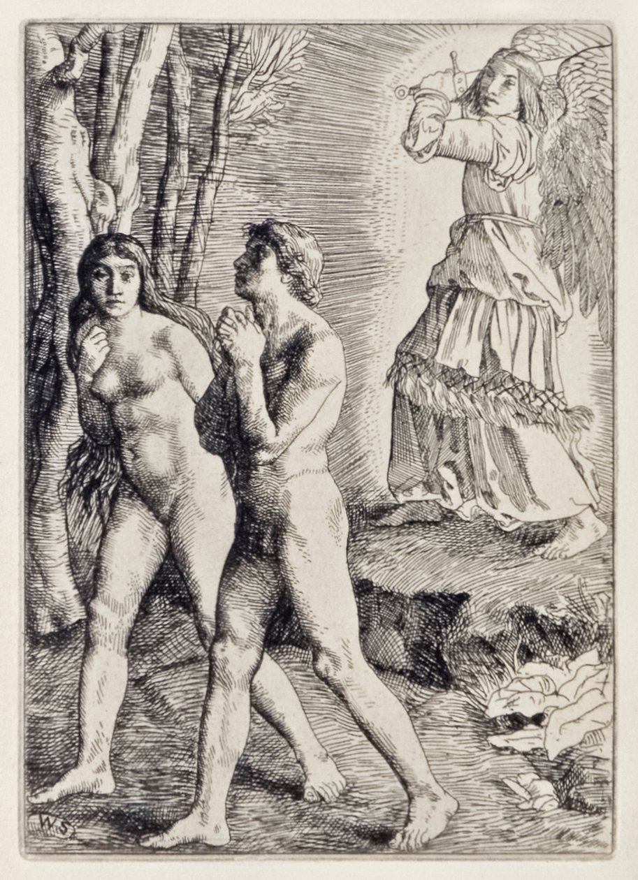 Adam och Eva fördrivna från paradiset från det förlorade paradiset av John Milton (1608-1674), en serie av 12 illustrationer etsade av William Strang (1859-1921) av William Strang