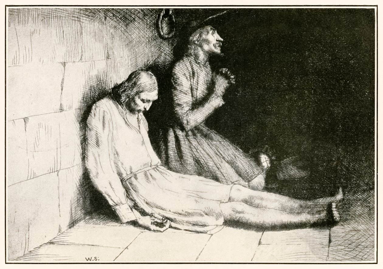 Christian and Hopeful in the Dungeon från The Pilgrims Progress From This World, To That What Is To Come av John Bunyan (1628-1688) illustration av William Strang (1859-1921) Fängslad i tvivel C av William Strang