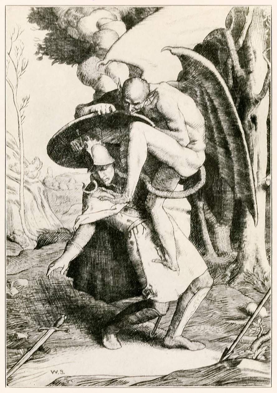 Christian kämpar mot Apollyon från The Pilgrims Progress From This World, To That What Is To Come av John Bunyan (1628-1688) illustration av William Strang (1859-1921) Christian kämpar mot Apollyon i Va av William Strang