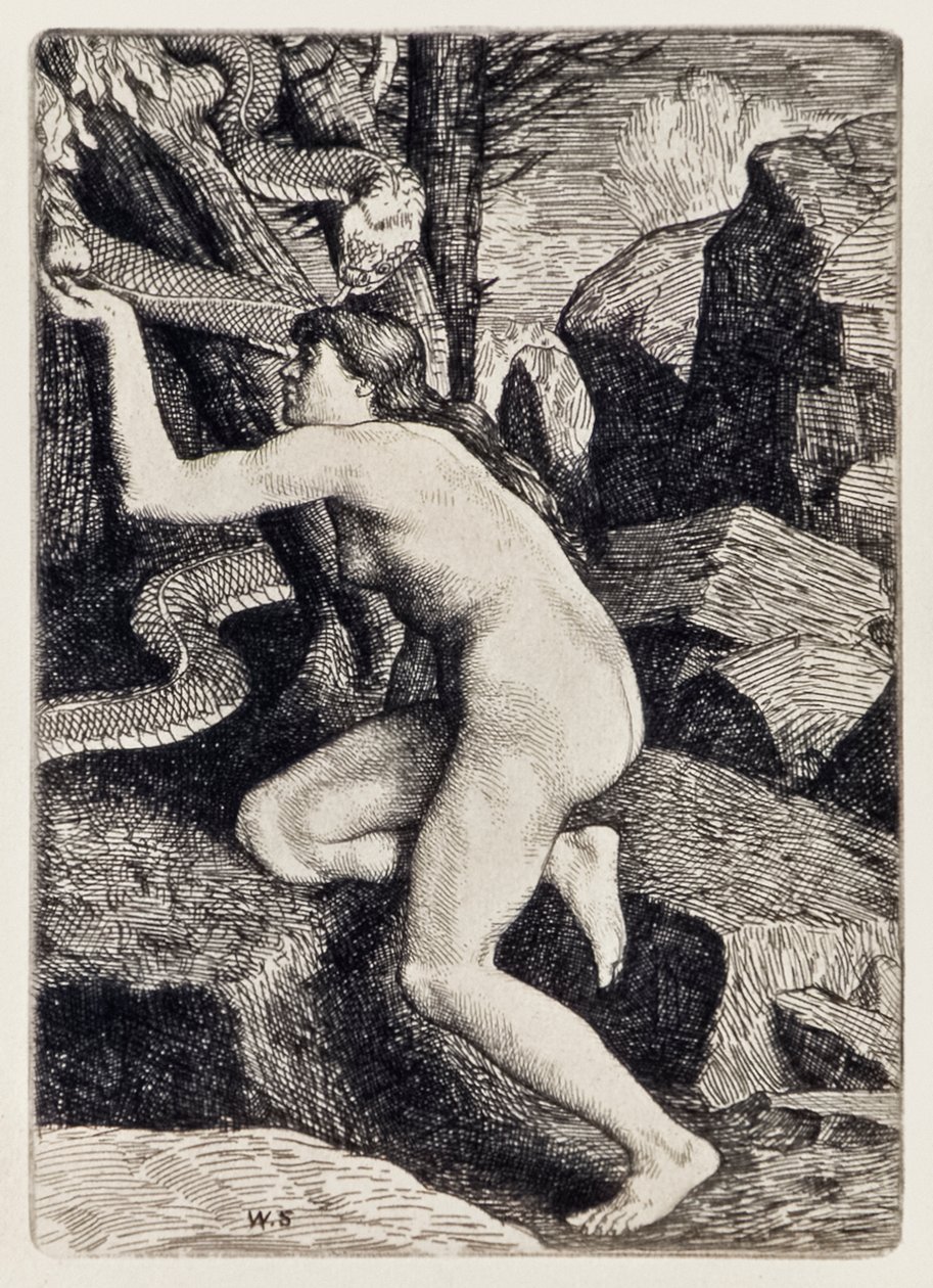 Eva frestad av Satan i form av en orm från det förlorade paradiset av John Milton (1608-1674) en serie med 12 illustrationer etsade av William Strang (1859-1921) av William Strang