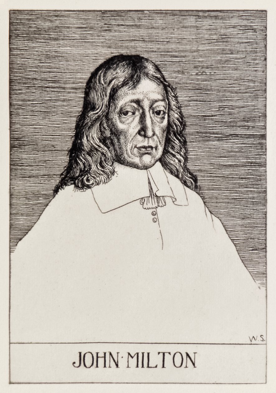 Frontispice-porträtt av John Milton (1608-1674) från Paradise Lost av en serie om 12 illustrationer etsade av William Strang (1859-1921) av William Strang