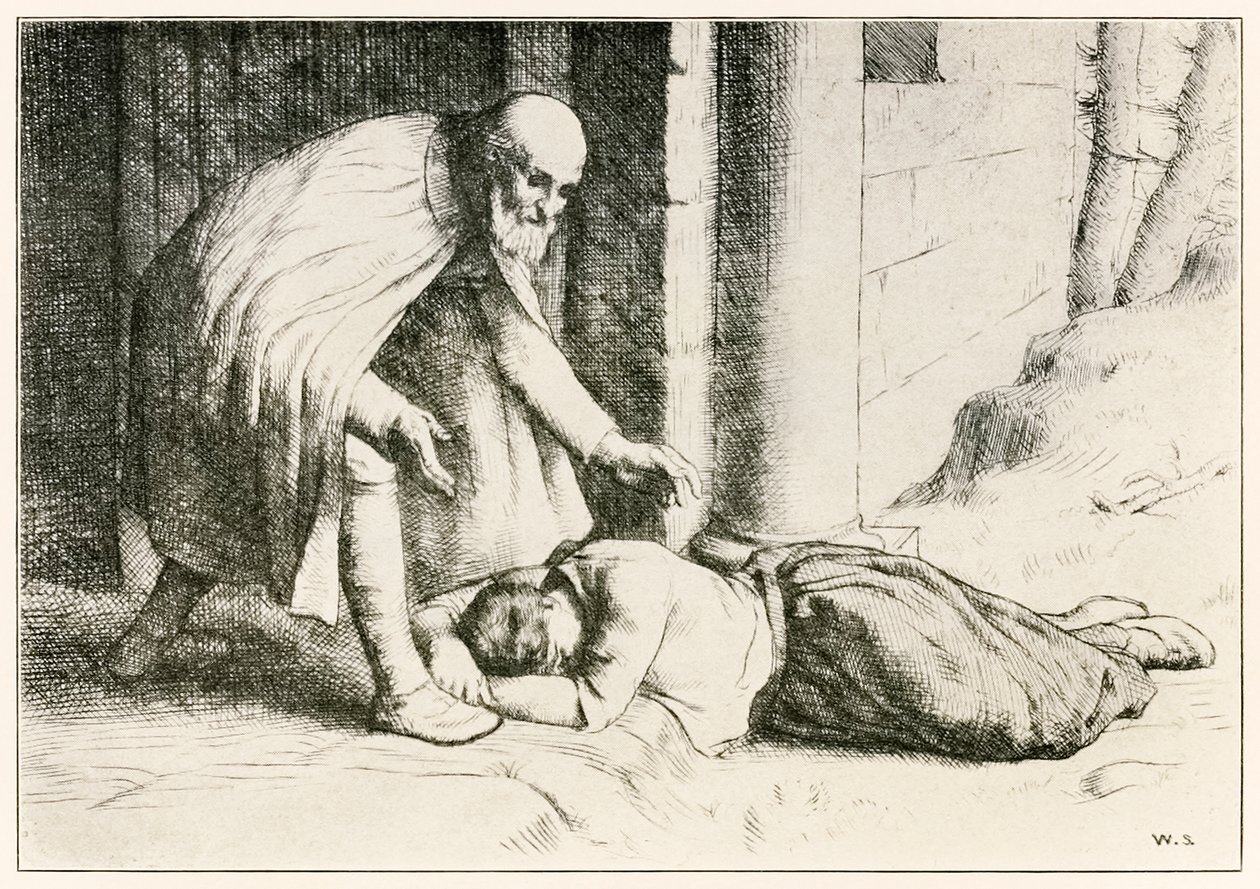 Mercy svimmar framför porten från The Pilgrims Progress From This World, To That What Is To Come av John Bunyan (1628-1688) illustration av William Strang (1859-1921) Portvakten hjälper Mercy som f av William Strang