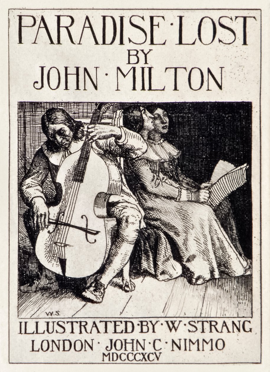 Titelsida från Paradise Lost av John Milton (1608-1674) en serie av 12 illustrationer etsade av William Strang (1859-1921) som visar Milton som spelar cello för sina döttrar. av William Strang
