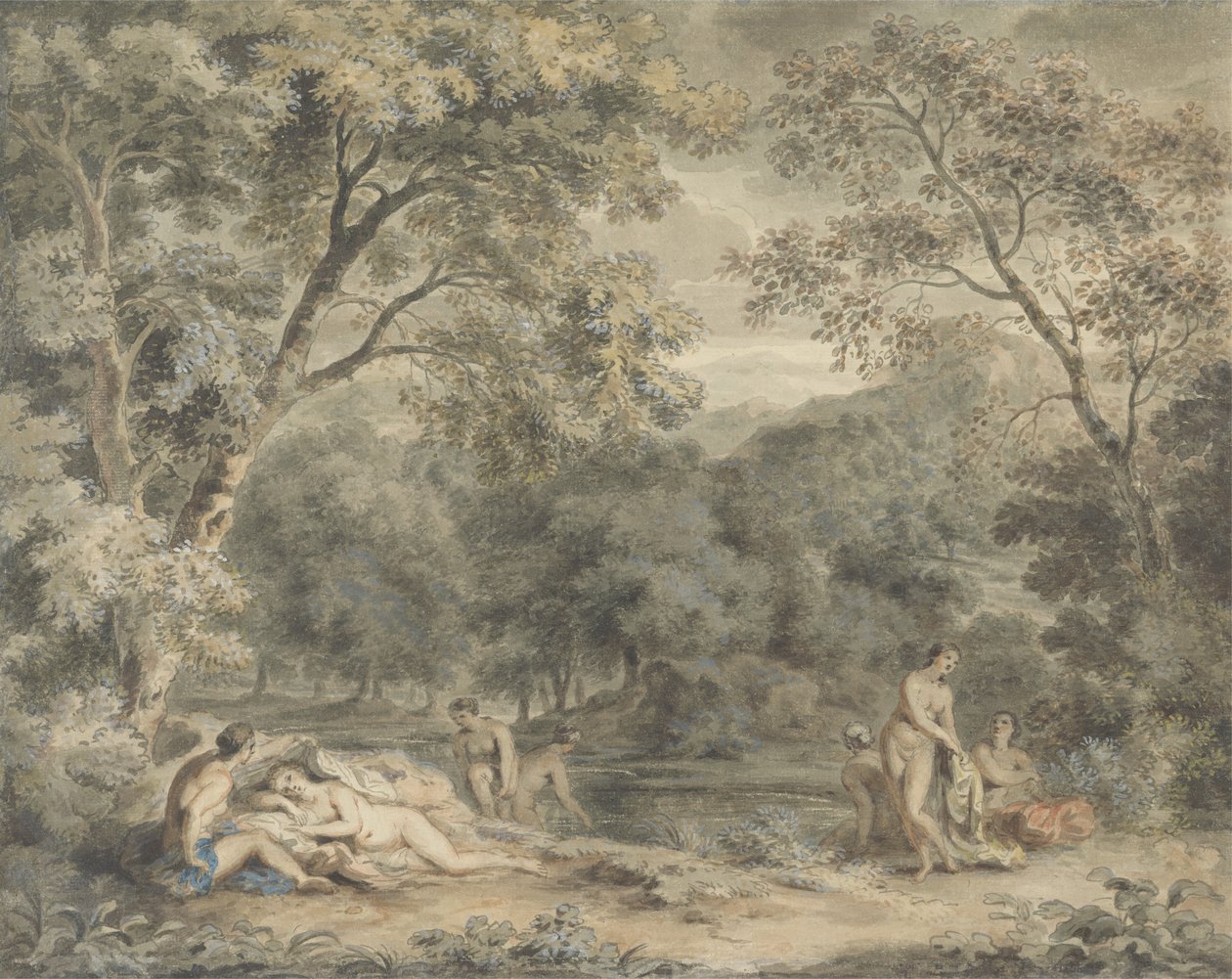 Nymphs Bathing in a Wooded Glade, ca 1765-70 (wc & gouache på papper) av William Taverner