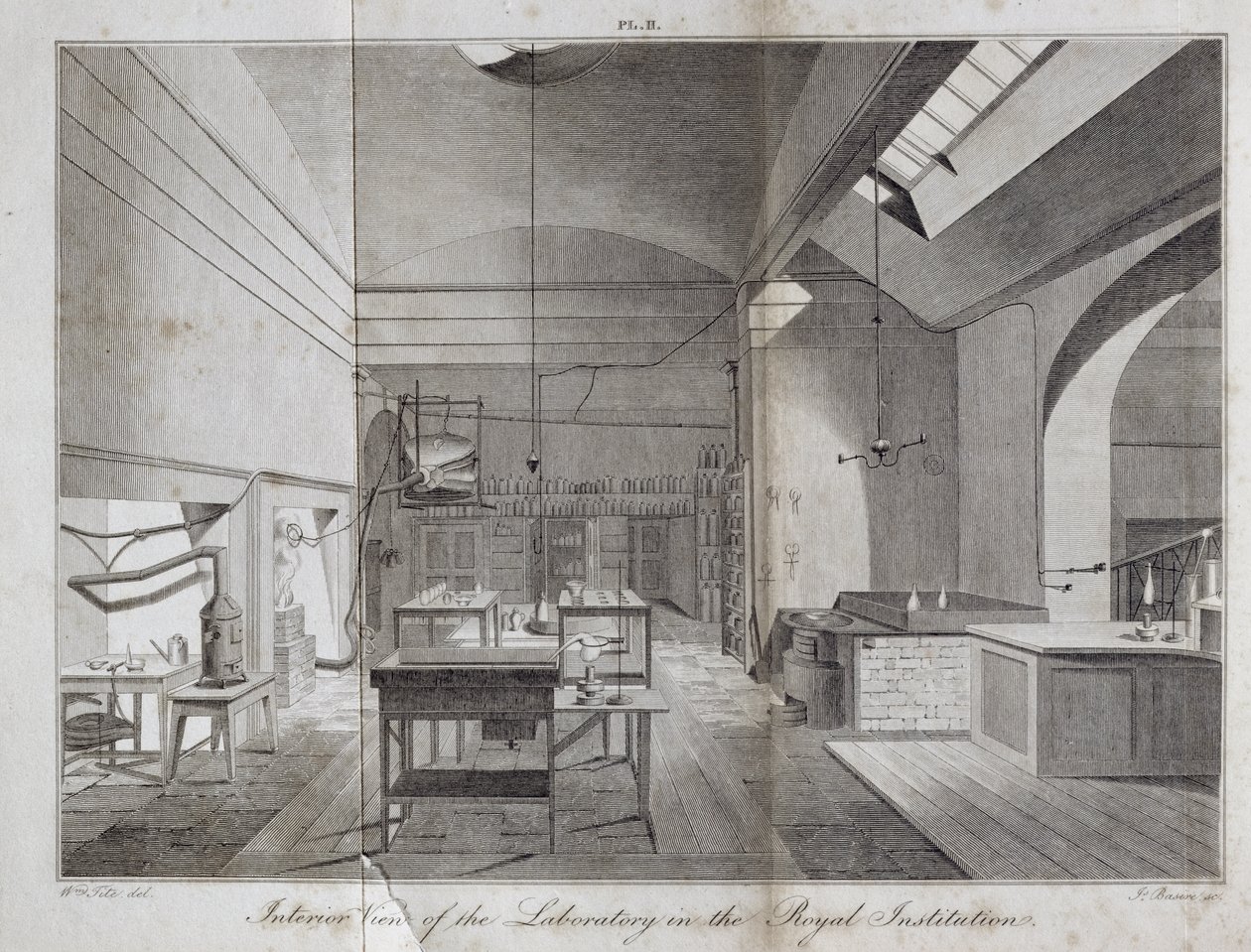 Interiörvy av laboratoriet i The Royal Institution, graverad av James Basire (1796-1869) från William Thomas Brandes A Manual of Chemistry, publicerad 1819, 1819 av William Tite