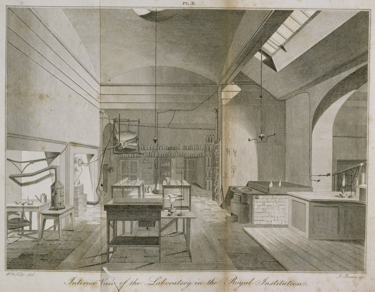 Interiör av Royal Institutions källarlaboratoriet, från Manual of Chemistry, av W.T. Brande, graverad av James Basire, 1819 etsning av William Tite
