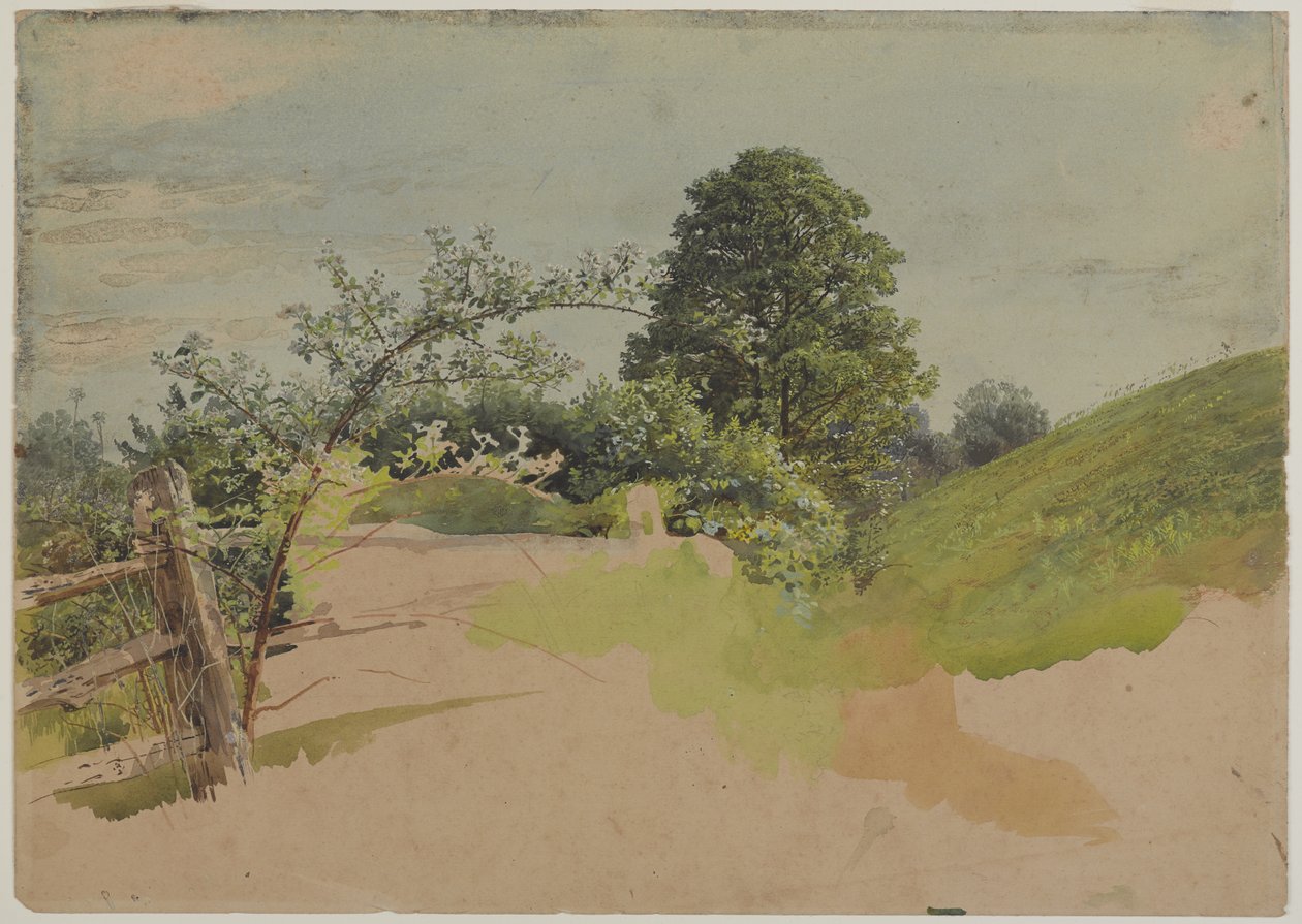 Landskap med staket, 1870-1880-tal (transparent och ogenomskinlig wc över grafit på vävt papper) av William Trost Richards