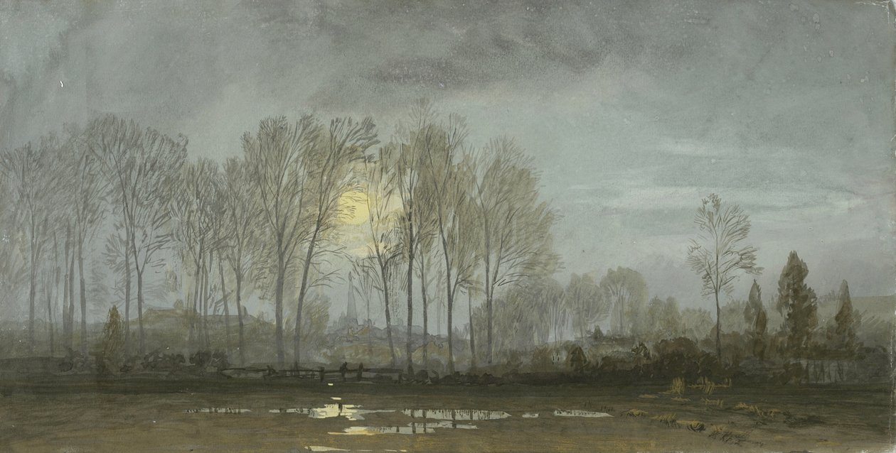 Månbelyst landskap, 1862 (wc med gouache på blågrått vävt papper) av William Trost Richards