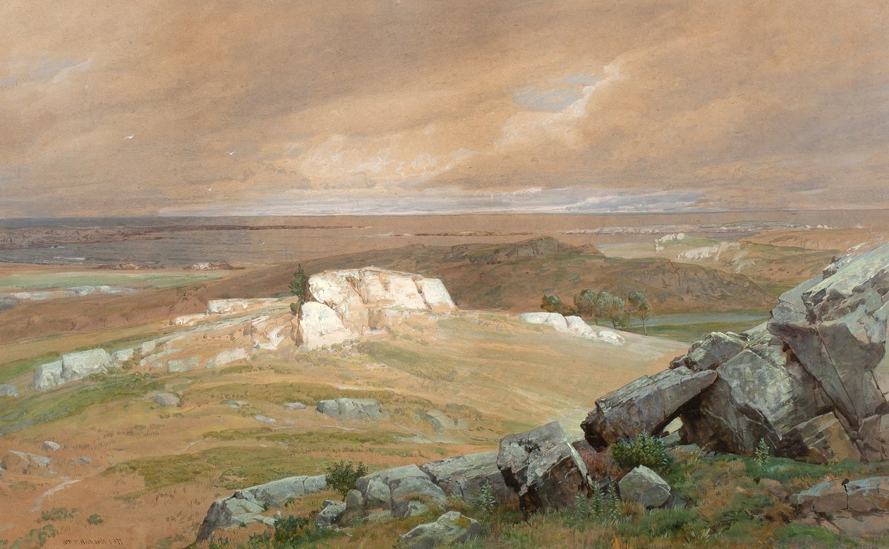 Nær Newport, 1877 (wc & gouache på blågrønt vævet papir) swed av William Trost Richards