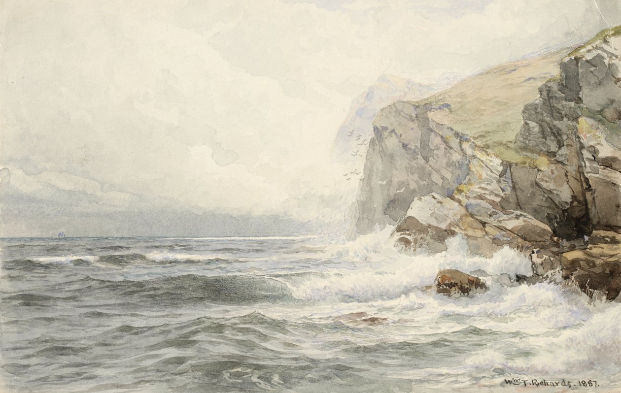 Surf Breaking on Coastal Rocks, 1887 (wc & grafit på cremevævet papir) svensk av William Trost Richards