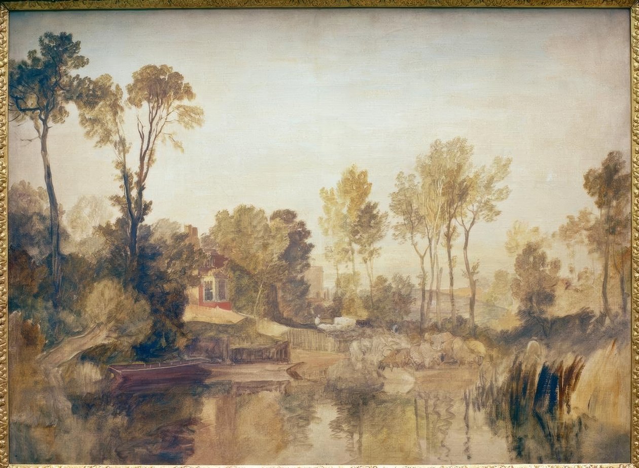 Hus bredvid en flod, med träd och får av Joseph Mallord William Turner