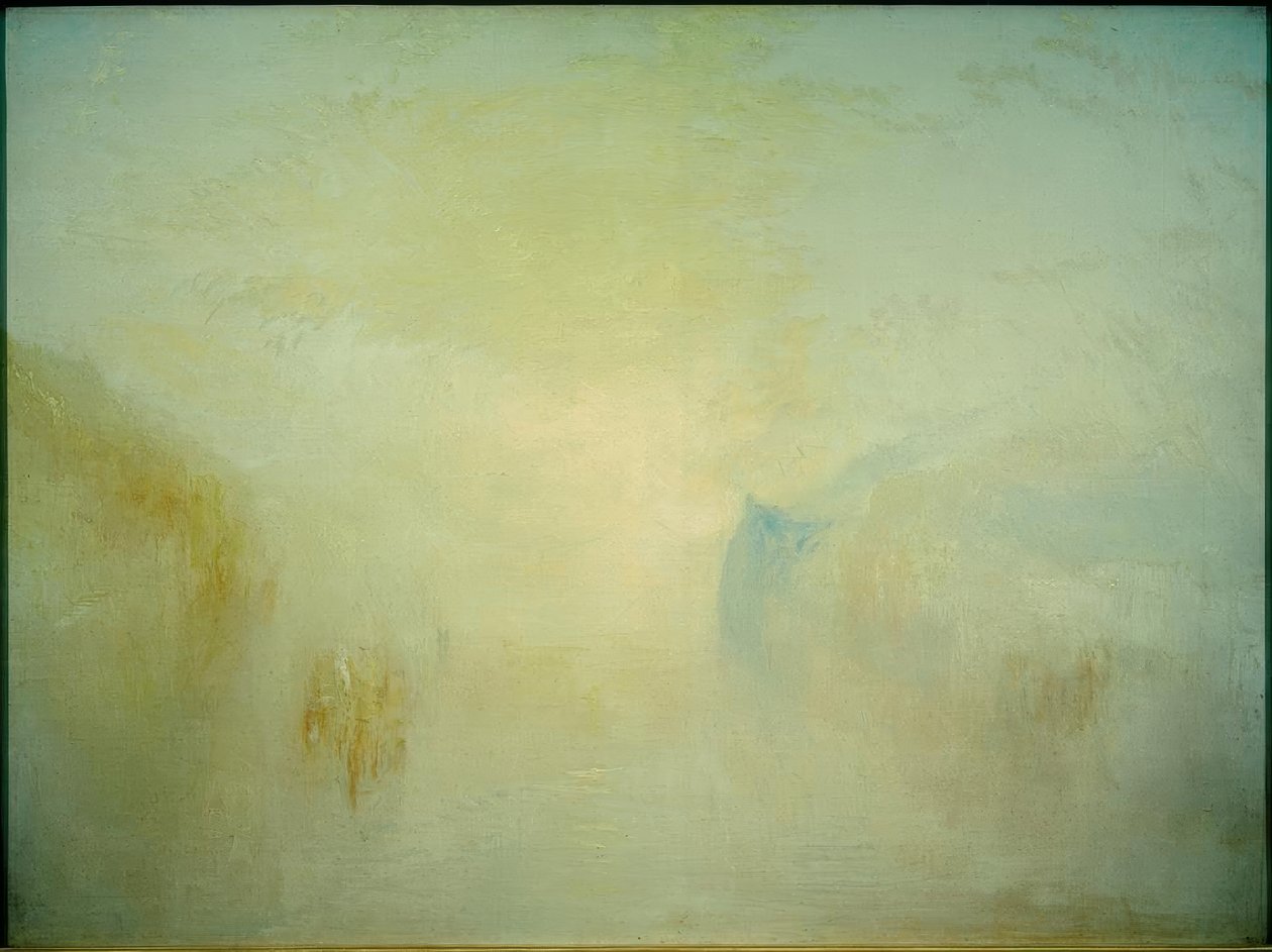 Soluppgång, med en båt mellan uddar av Joseph Mallord William Turner