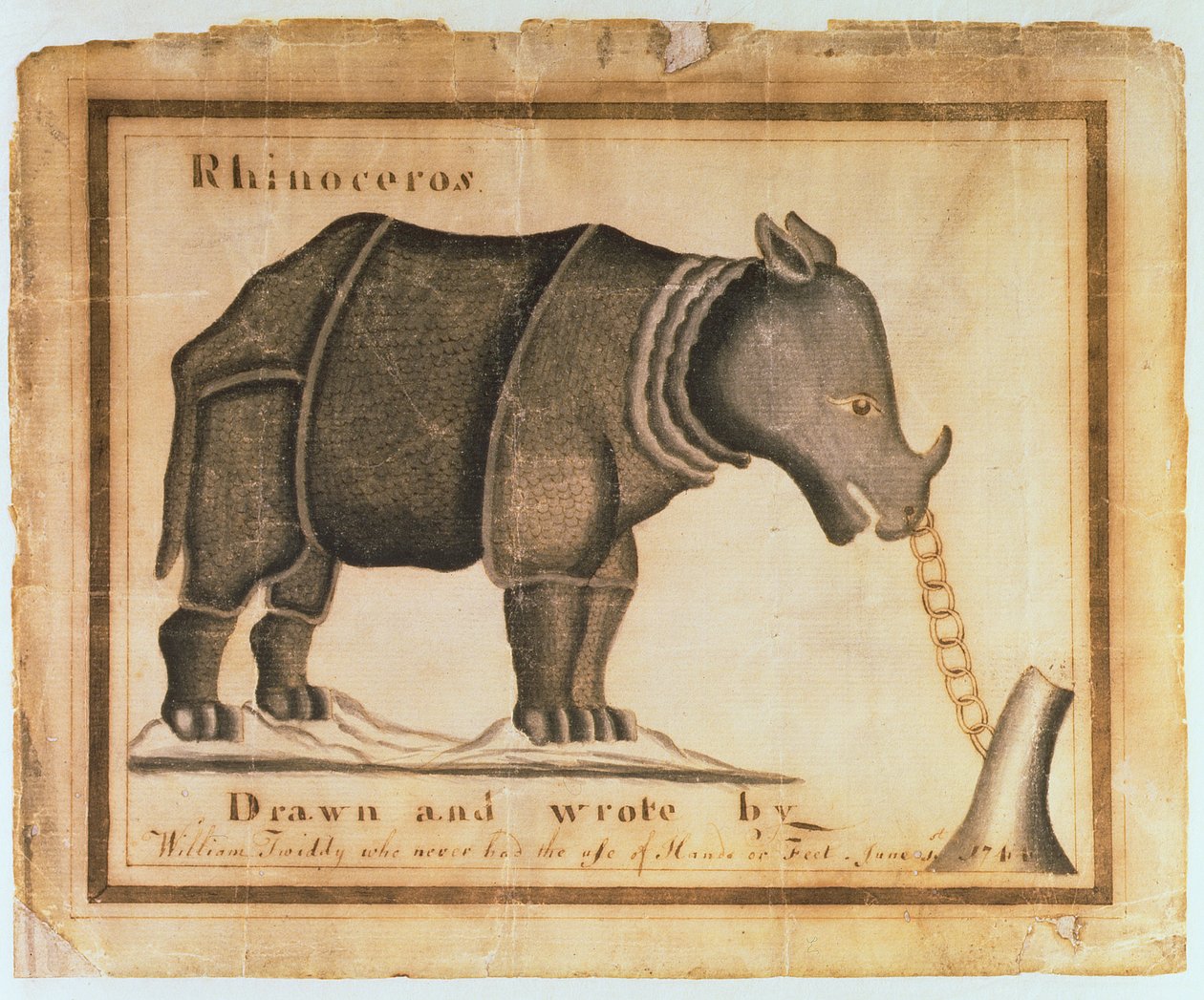 Noshörning, ritad och skriven av William Twiddy som aldrig haft händer eller fötter, 1 juni 1744 (wc på papper) av William Twiddy