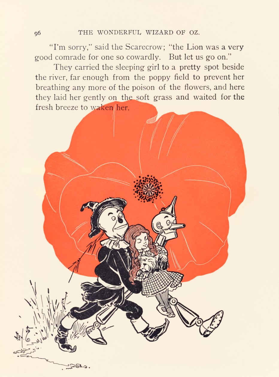 Fågelskrämman och tennmannen räddar Dorothy från det dödliga vallmofältet, från "The Wonderful Wizard of Oz" av L. Frank Baum. av William Wallace Denslow