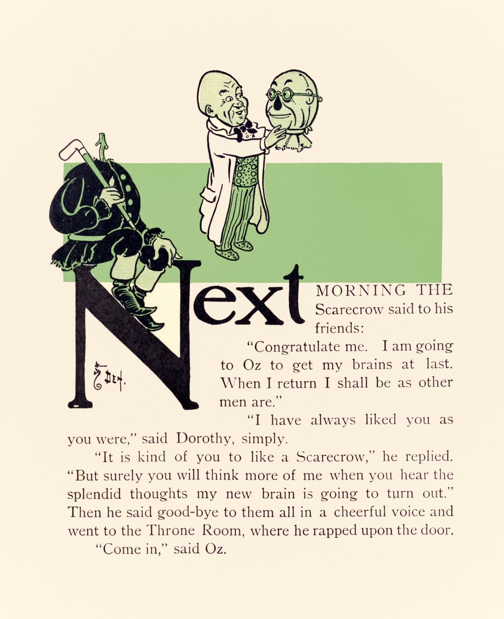 Trollkarlen ger fågelskrämman nya hjärnor, från "The Wonderful Wizard of Oz" av L. Frank Baum av William Wallace Denslow