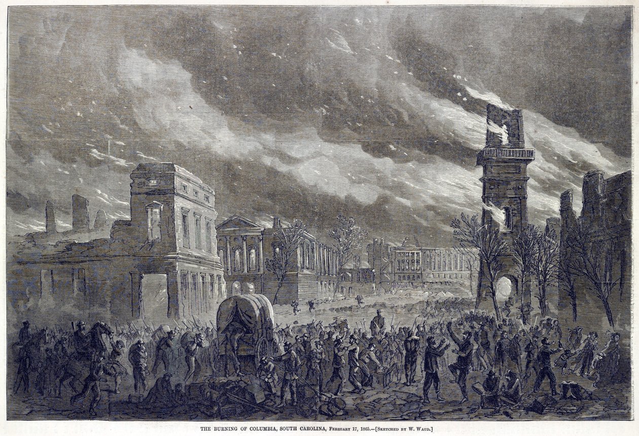 Bränningen av Columbia, South Carolina, den 17 februari 1865, publicerad i 1865 av William Waud