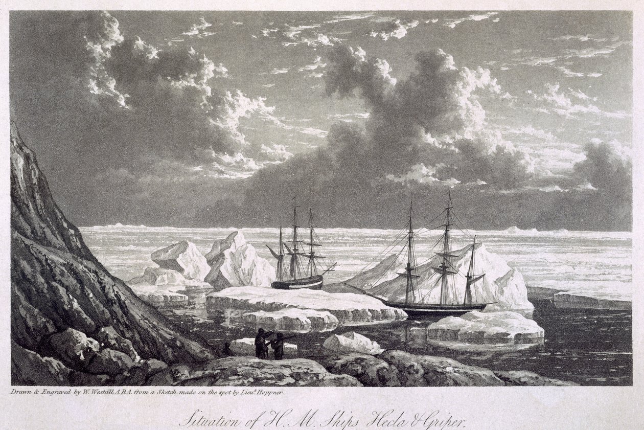 Situationen för H.M. Ship Hecla und Griper från den 17 till den 23 augusti 1820, från "Journal of a Voyage for the Discovery of a North West Passage from the Atlantic to the Pacific performed in the Y". av William Westall