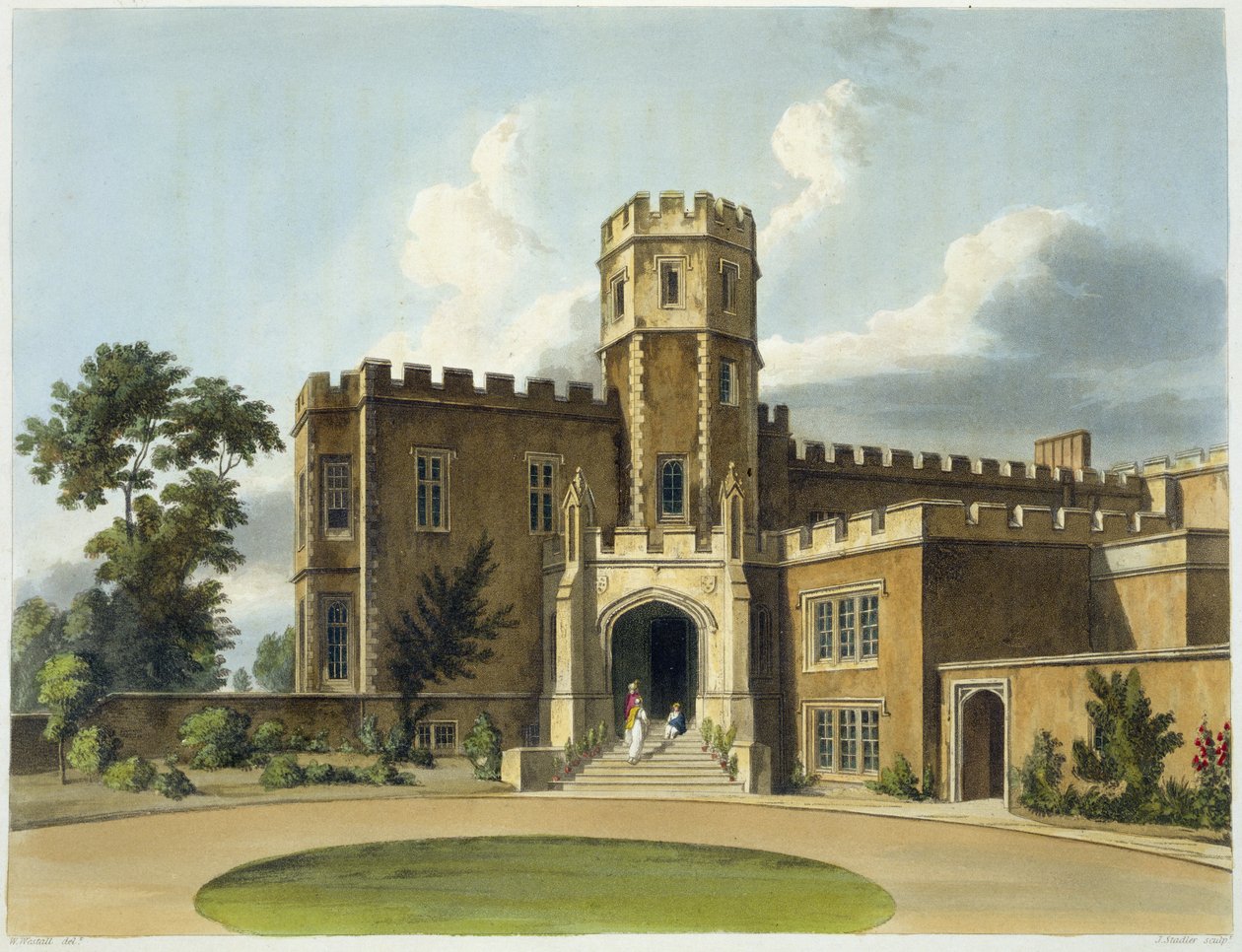 Huvudmästarhuset, Rugby School, från "History of Rugby School", en del av "History of the Colleges", graverat av Joseph Constantine Stadler (fl.1780-1812) pub. av R. Ackermann, 1816 (akvatint) av William Westall