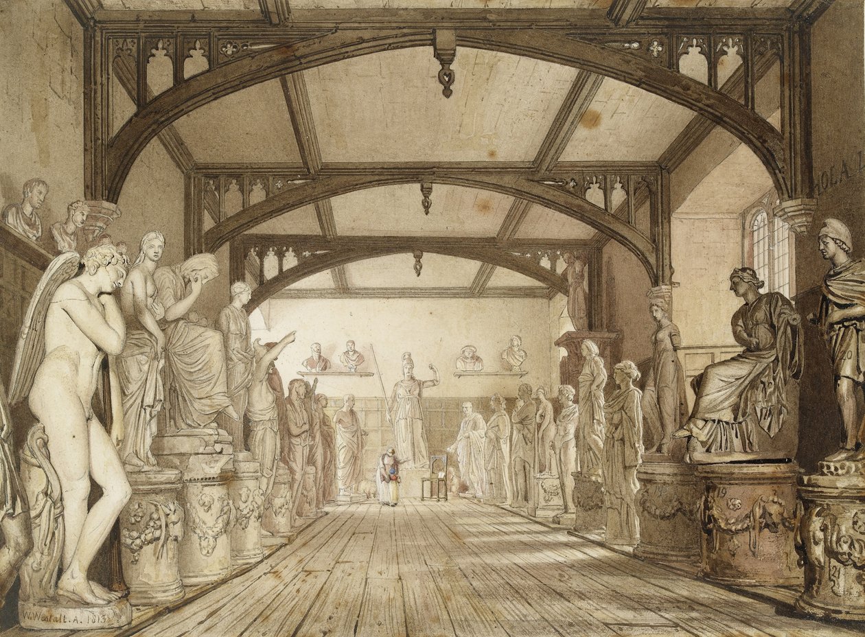 The Sculpture Gallery in the Examination Schools, Oxford, 1813 (Penna och brunt bläck och akvareller över markeringar i grafit) av William Westall