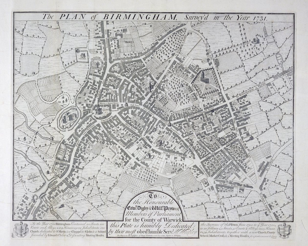 Plan av Birmingham, 1731, publicerad 1789 av William Westley