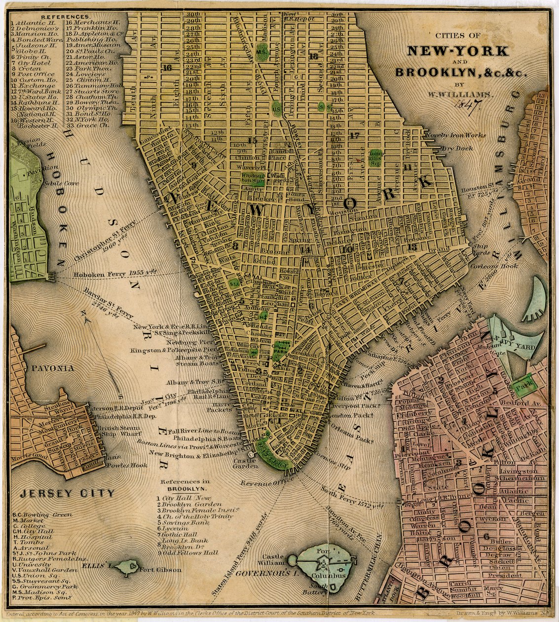 Städerna New-York och Brooklyn, undc. undc., 1847 (svart och färgbläck på papper, baksida med papper) av William Williams