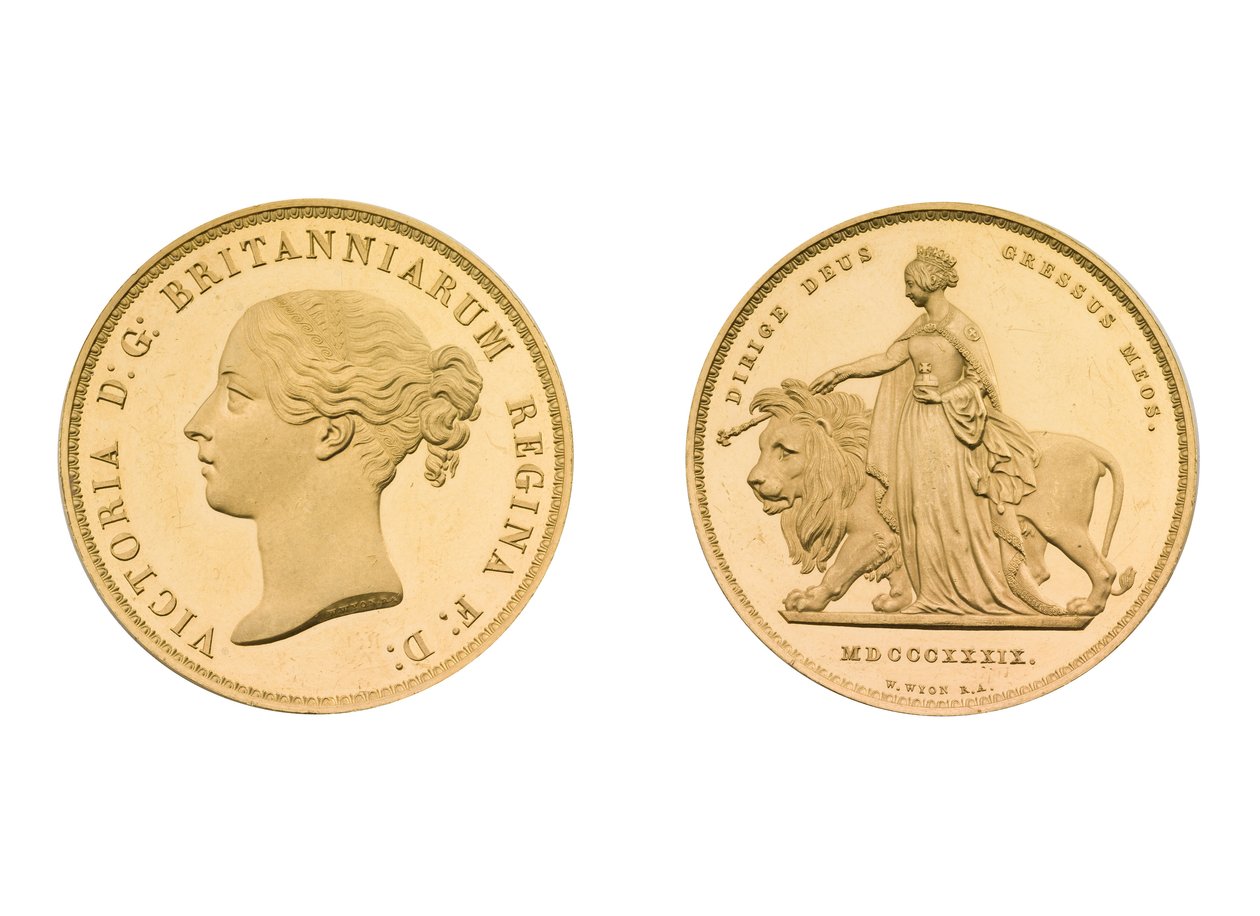 Una och lejonet mönster 5 pund, 1839 (guld) av William Wyon