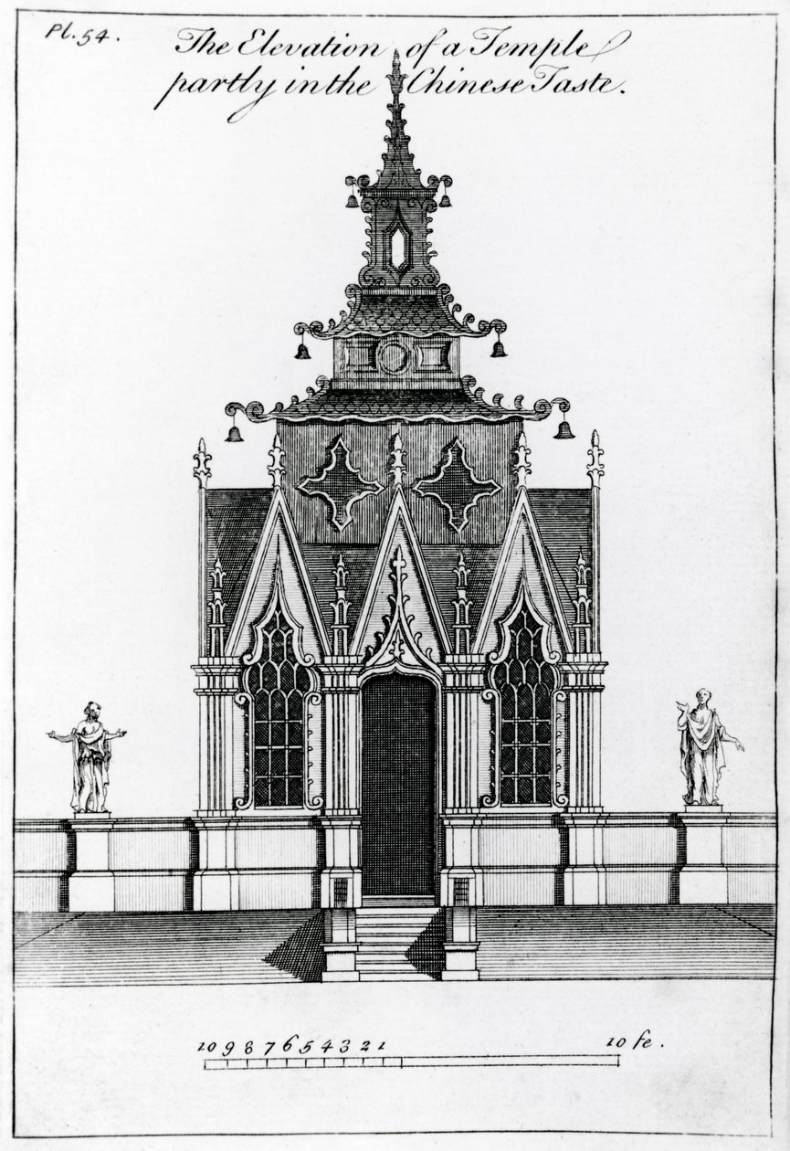 Upphöjningen av ett tempel delvis i den kinesiska smaken, från New Designs for Chinese Temples, publicerad 1750-52 av William after Halfpenny