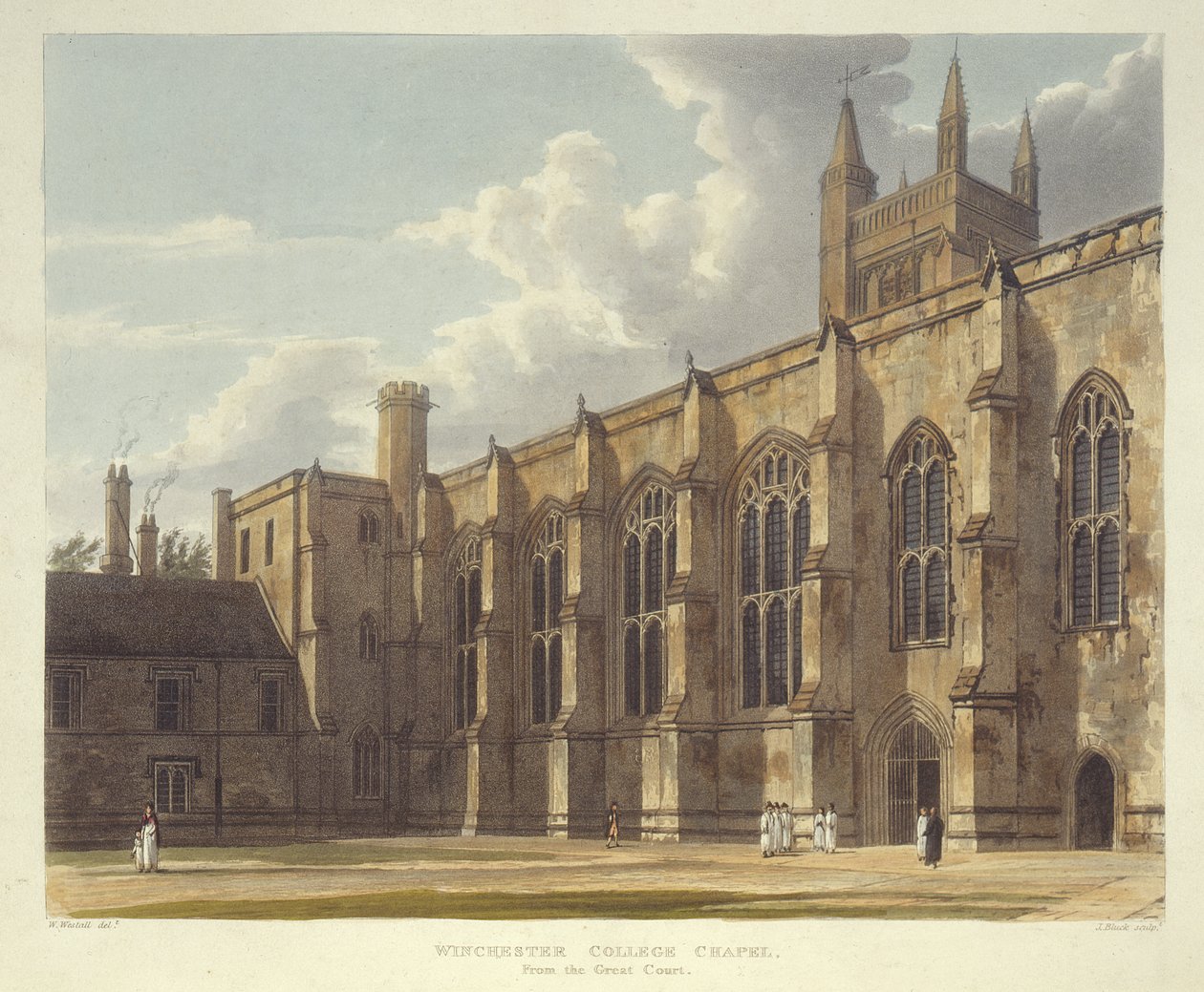 Winchester College Chapel från Great Court, från History of Winchester College, en del av History of the Colleges, graverad av J. Bluck (fl.1791-1831) pub. av R. Ackermann, 1816 (akvatint) av William after Westall