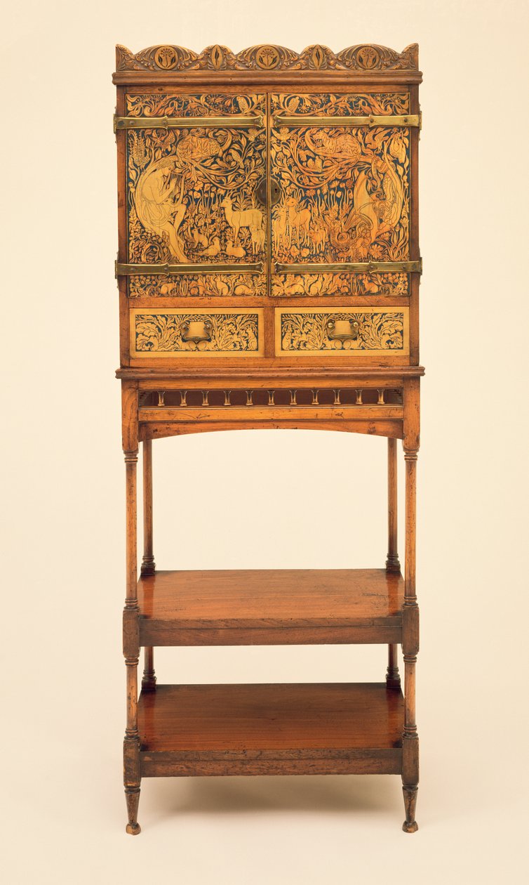 Musikskåp och stativ med vaxinlagd scen av Orpheus som charmar djuren, designad av William Arthur Smith Benson (1854-1924) och George Heywood Maunoir Sumner (1853-1940), ca 1889 (mahogny och b. av William and Sumner Benson