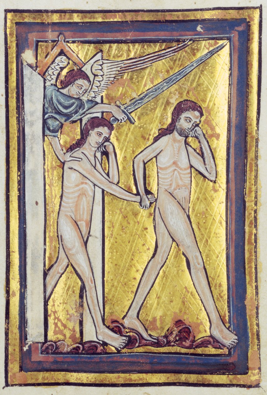 Adam och Eva förvisade från paradiset, från en bok med bibelbilder, ca 1250 av William de Brailes  