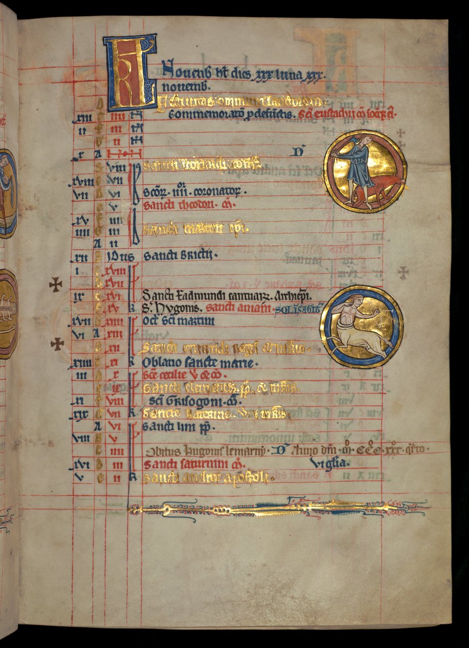 Ms 322 f.6r, november, en man som slaktar en gris, illustration från 