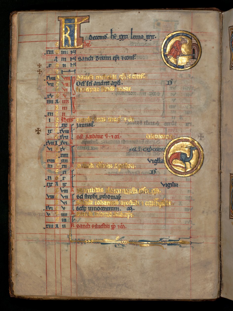 Ms 322 f.6v, december, en man som placerar bröd i en ugn, illustration från 