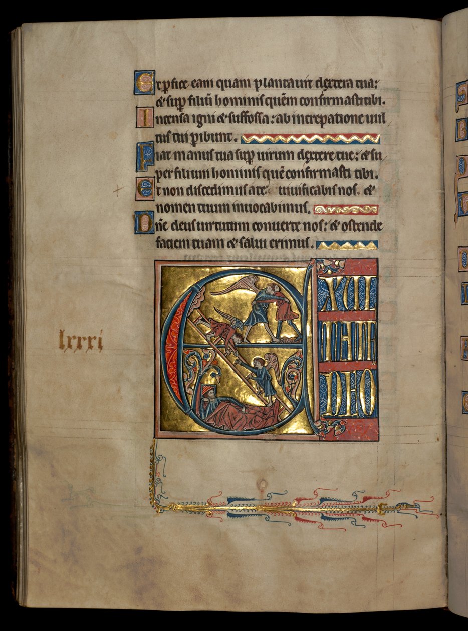 Ms 322 f.82v, Psalm 80, initial E, Jakob brottas med ängeln, Jakobs dröm, illustration från 