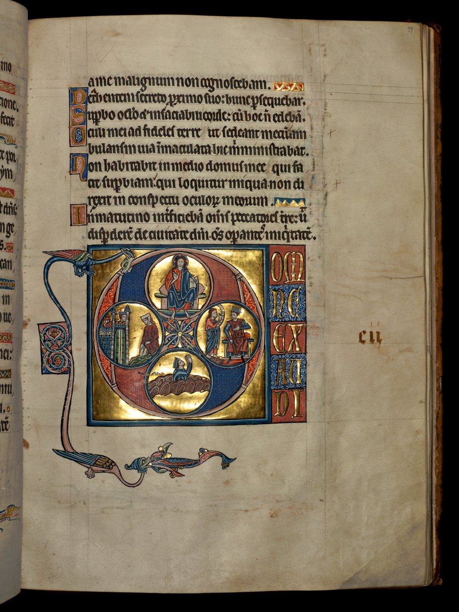 Ms 322 f.99r, Psalm 101, initial D, Kristus välsignelse, David tittar på Batseba, Nathan tillrättavisar David och den ångerfulle David som ber, illustration från 