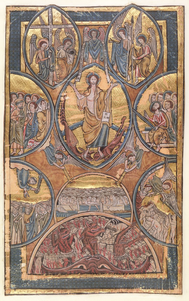 Ms 330 f.3 The Last Judgment med självporträtt av illuminatorn räddad av sin skyddsängel, från en psalter, ca 1240 av William de Brailes  