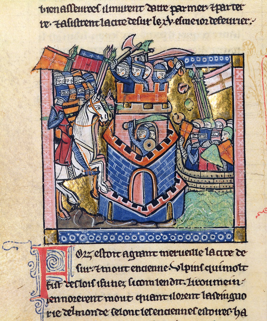 Fr 2630 f.111v Däck blockerades av den venetianska flottan och belägrades av korsriddarriddarskapet, från Estoire d