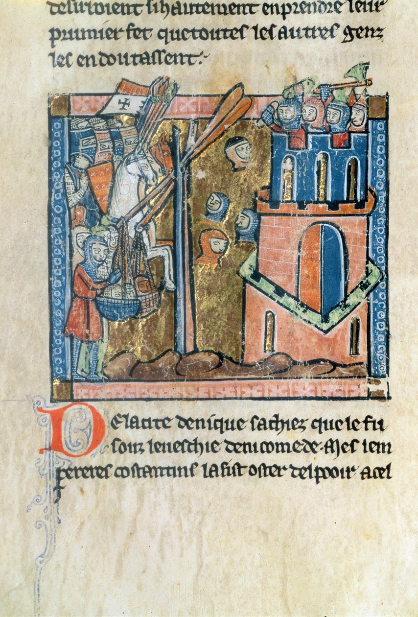 Fr.2630 f.22v Crusaders bombarderar Nicaea med huvuden 1097, från Estoire d