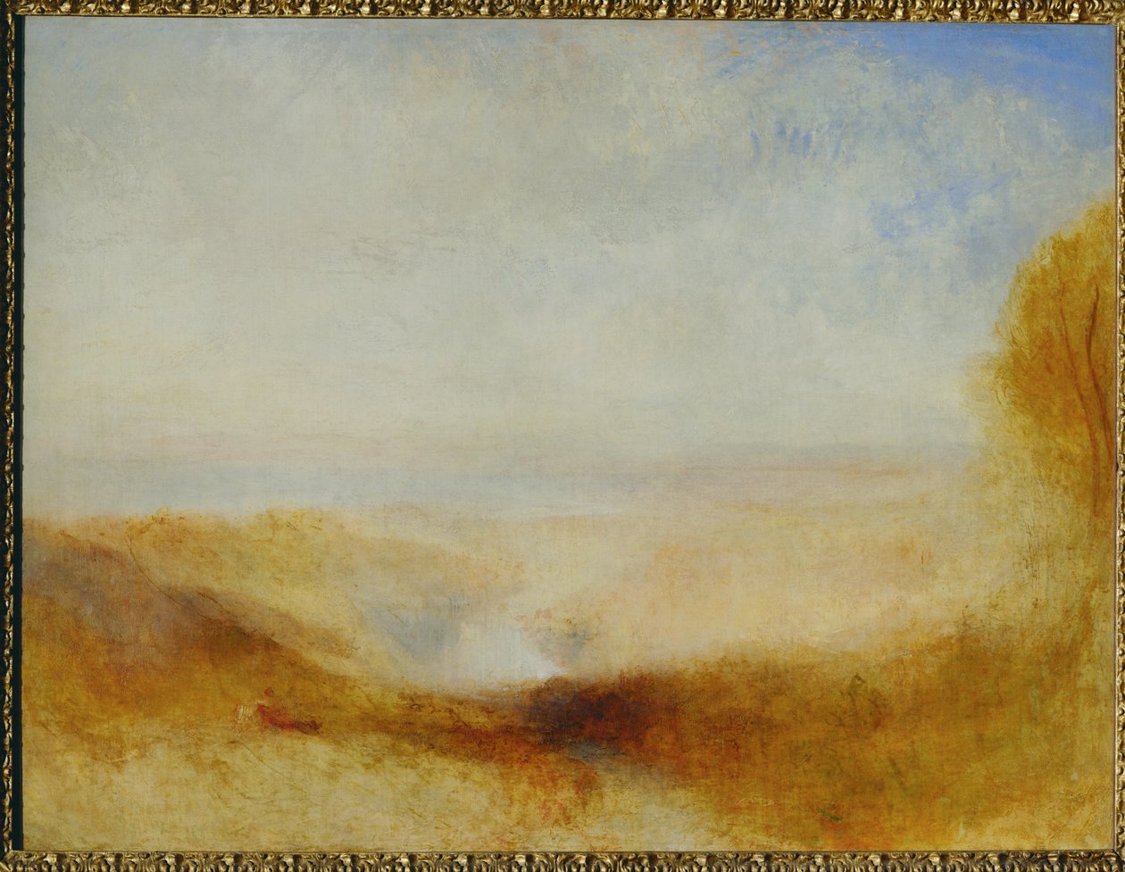 Landskap med en flod och en vik i fjärran ... av William (1789 1862) Turner
