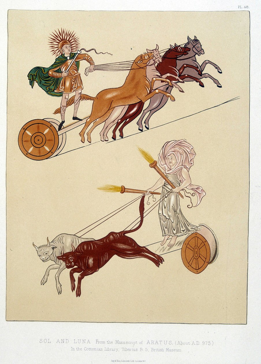 Allegoriska figurer av solen och månen - i "Miniatyrerna och ornamenten av anglosaxiska och irländska manuskript" av William (1824  after 1913) Day