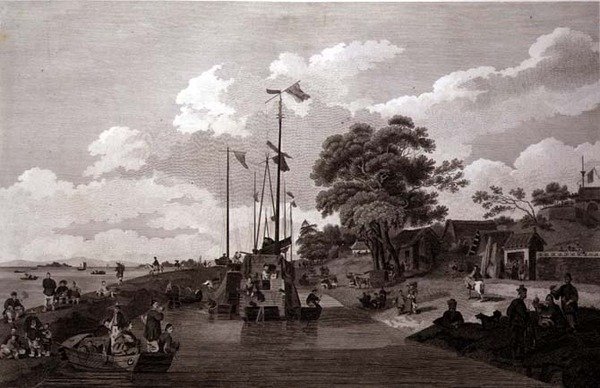 Utsikt över sjön Pao-Yng där den är skild från Canal Grande av en jordvall, graverad av William (1747-1810) och Elizabeth Ellis, pub. av G. Nicol av William (after) Alexander