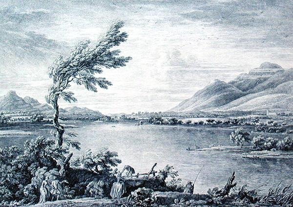 En vy över Derwentwater från Vicars Island mot Skiddaw, graverad av Chatelin och Grignion (gravyr) av William (after) Bellers