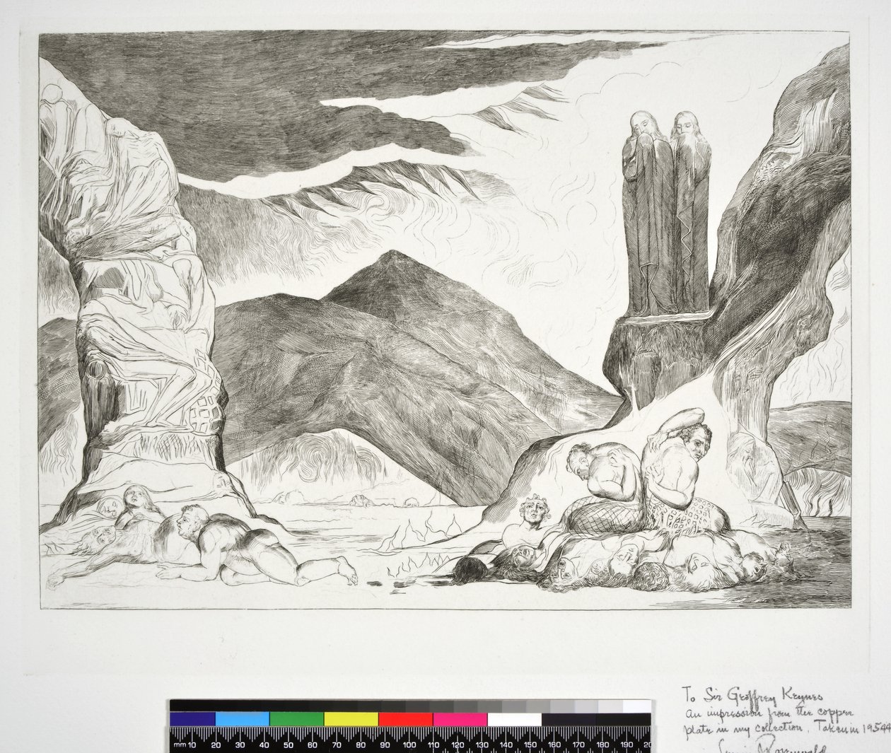 The Circle of the Falsifiers: Dante och Vergilius som täcker sina näsor på grund av stanken, Inferno, Canto XXIX, illustration till "Den gudomliga komedin" av Dante Alighieri av William (after) Blake