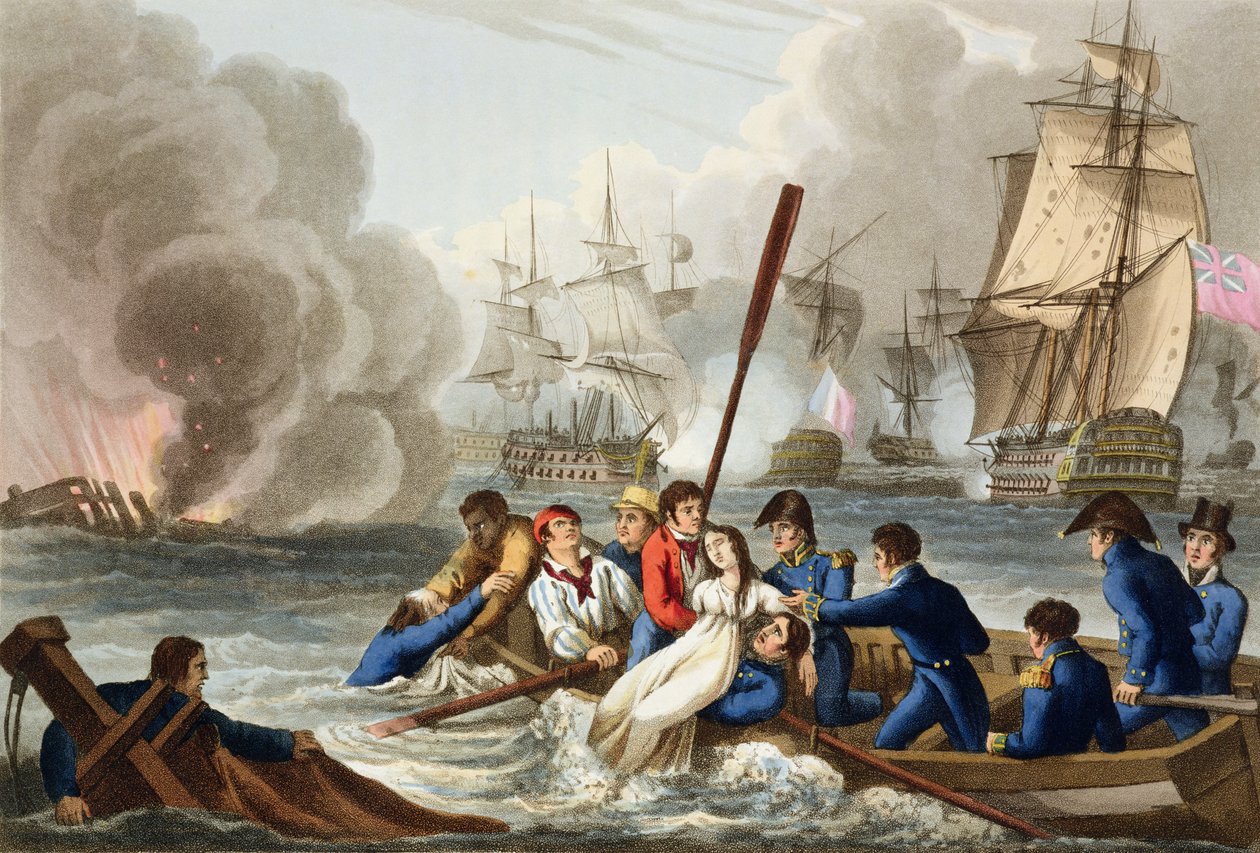 Anekdot vid slaget vid Trafalgar, graverad av Matthew Dubourg (fl.1813-20) från "Historiska, militära och sjöanekdoter", pub. av Edward Orme (1774-c.1820) 1817 (akvatint) av William (after) Heath