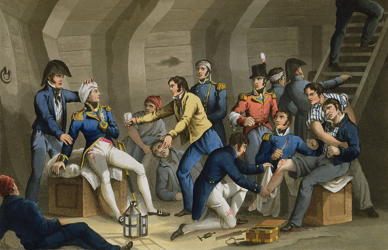 Cockpit, Battle of the Nile, som visar Nelson sårad i striden, graverad av Matthew Dubourg (fl.1813-20) från "Historic, Military and Naval Anecdotes", pub. av Edward Orme (1774-c.1820) 1817 (akvatint) av William (after) Heath