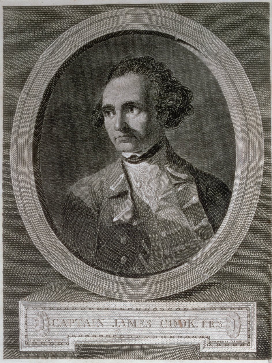 Porträtt av kapten James Cook (1728-79), från frontispicen på "Resan runt världen till sydpolen" (gravyr) av William (after) Hodges
