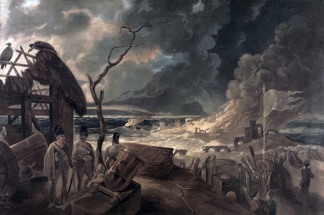 Krigets konsekvenser, scen med soldater och kanoner. Färgtryck efter målning av William Hodges (1744-1797). av William (after) Hodges